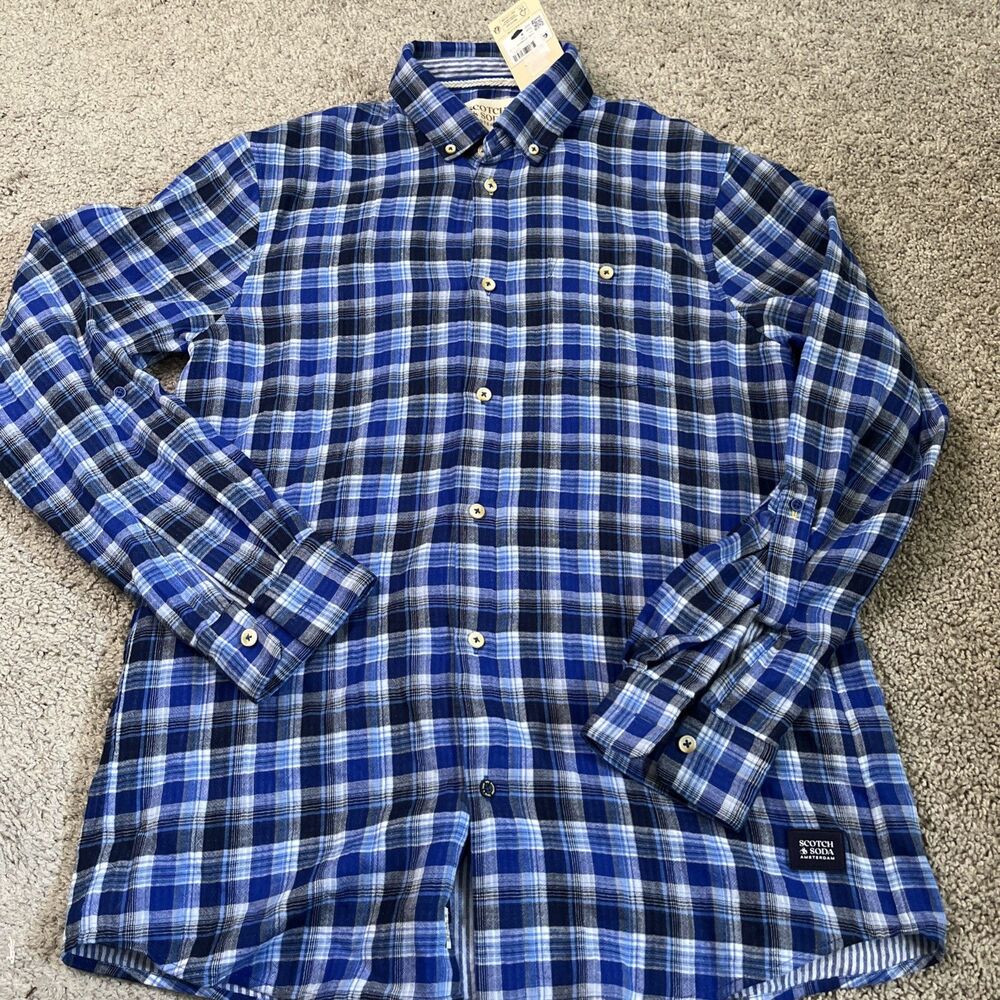 Men’s Scotch & Soda Blue Plaid Double faced Long Sleeve Button Down Shirt M NWT